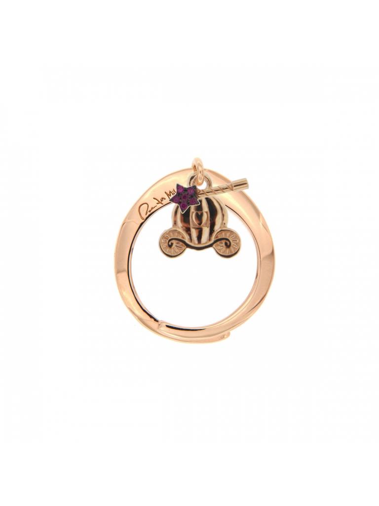 ANELLO RIGIDO BASE ROSA CON DOPPIO CIONDOLO BOMBATO + ZIRCONI COLORATI CARROZZA BACCHETTA - RUE DES MILLE