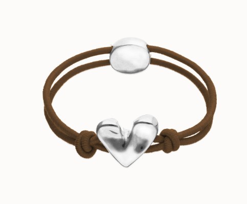 Bracciale in filo elastico marrone con cuore placcato argento sterling - UNO DE 50