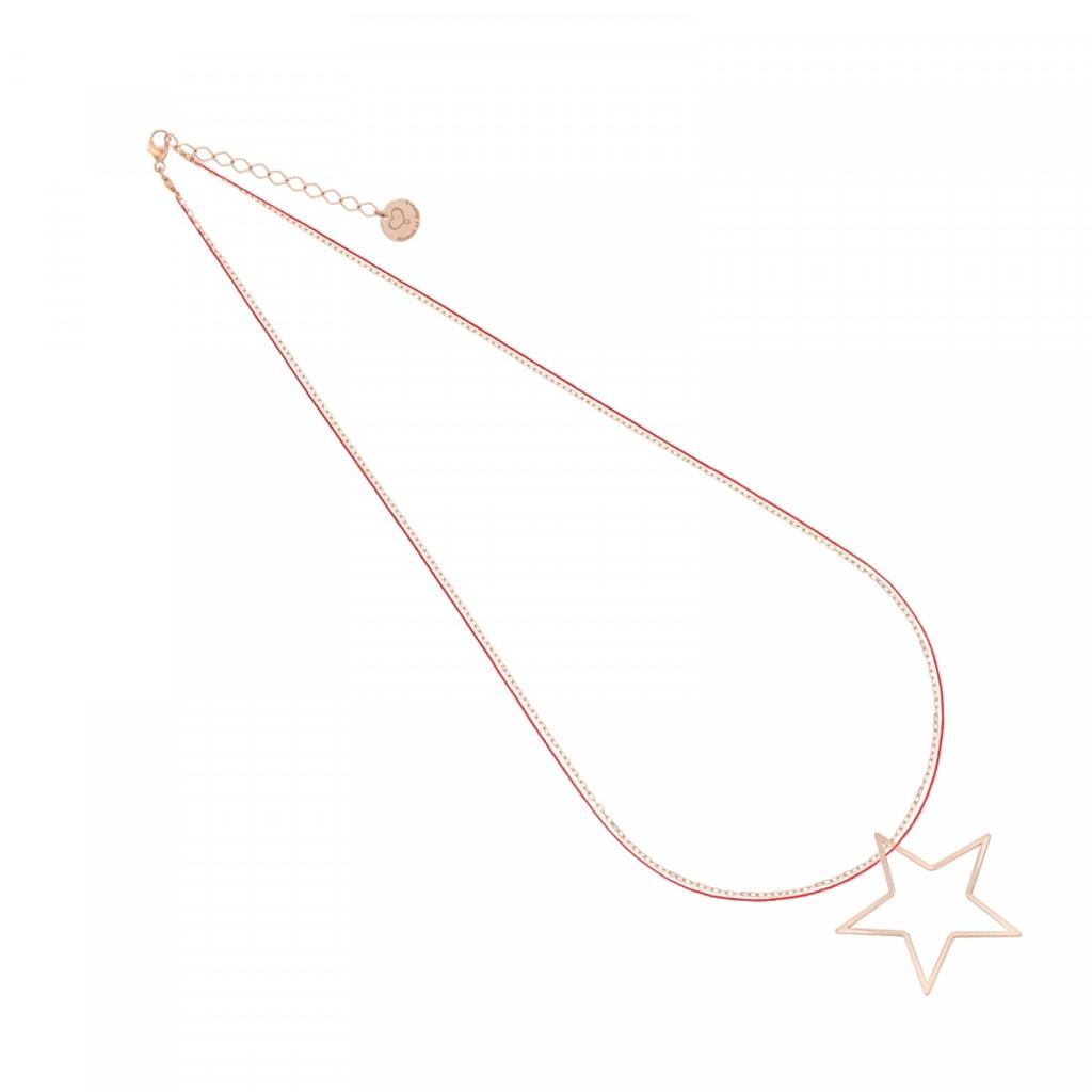 COLLANA REALIZZATA CON CATENA DI ARGENTO 925 PLACCATO IN ORO ROSA AD ALTO SPESSORE ED ALTA RESISTENZA E FILO IN NYLON ROSSO. LA STELLA PENDENTE TRAFORATA MISURA 30 MM. - MAMAN ET SOPHIE