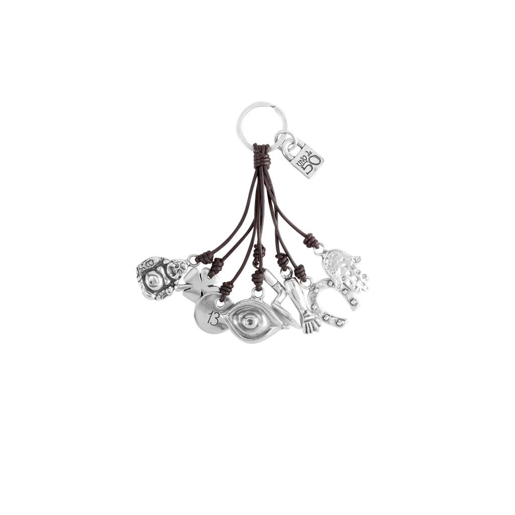 KEY RING IN LEATHER AND METAL MIX COATED IN 15 MICRO SILVER. - UNO DE 50