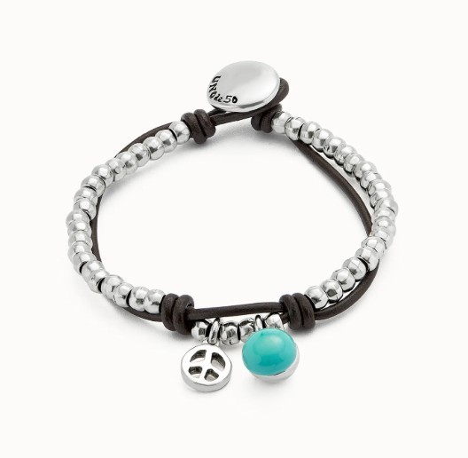Bracciale a sfere placcato argento Sterling con cuoio e cristallo di Murano turchese - UNO DE 50
