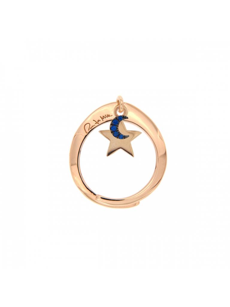 ANELLO RIGIDO BASE ROSA CON DOPPIO CIONDOLO BOMBATO + ZIRCONI COLORATI STELLA LUNA - RUE DES MILLE
