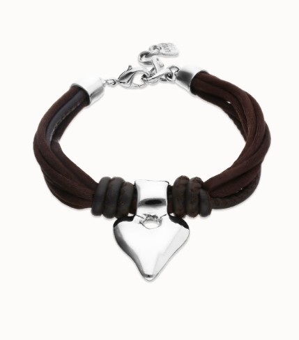 Bracciale in filo di seta e pelle marrone con cuore placcato argento - UNO DE 50