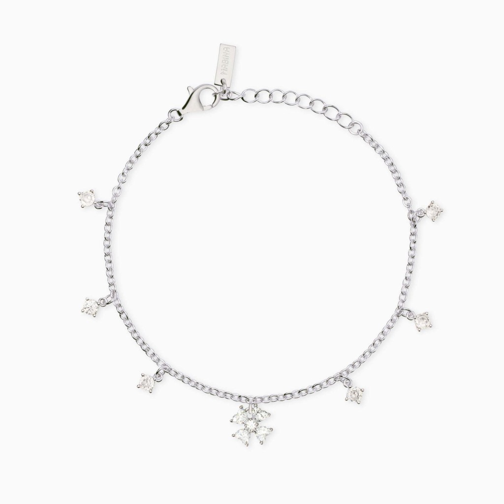 Bracciale in argento con ciondoli quadrifoglio e zirconi Cercami - MABINA