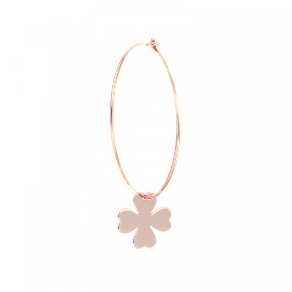 ORECCHINO SINGOLO A CERCHIO DI DIAMETRO DI 25 MM. IL QUADRIFOGLIO MISURA 10 MM. E REALIZZATO IN ARGENTO 925 PLACCATO IN ORO ROSA AD ALTO SPESSORE ED ALTA RESISTENZA. - MAMAN ET SOPHIE