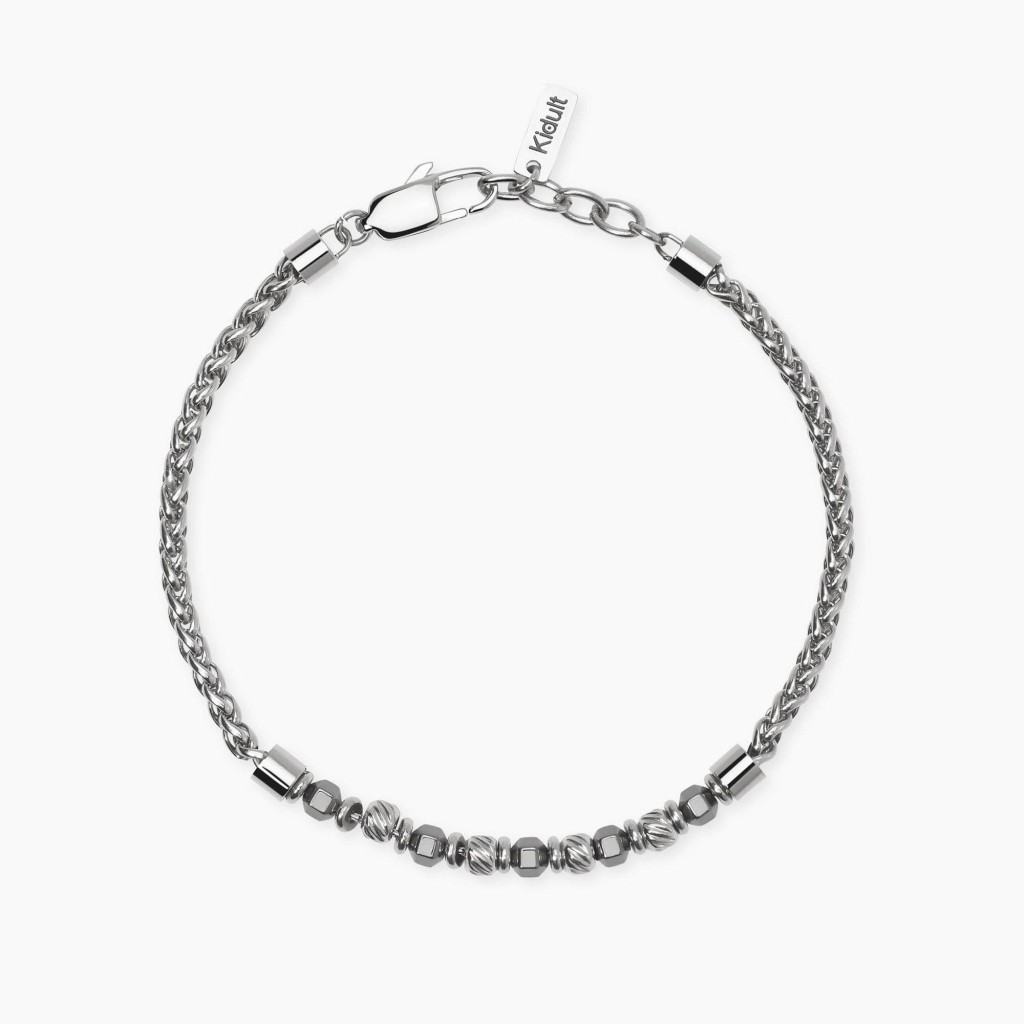Bracciale uomo con catena spiga in acciaio ed ematite - KIDULT