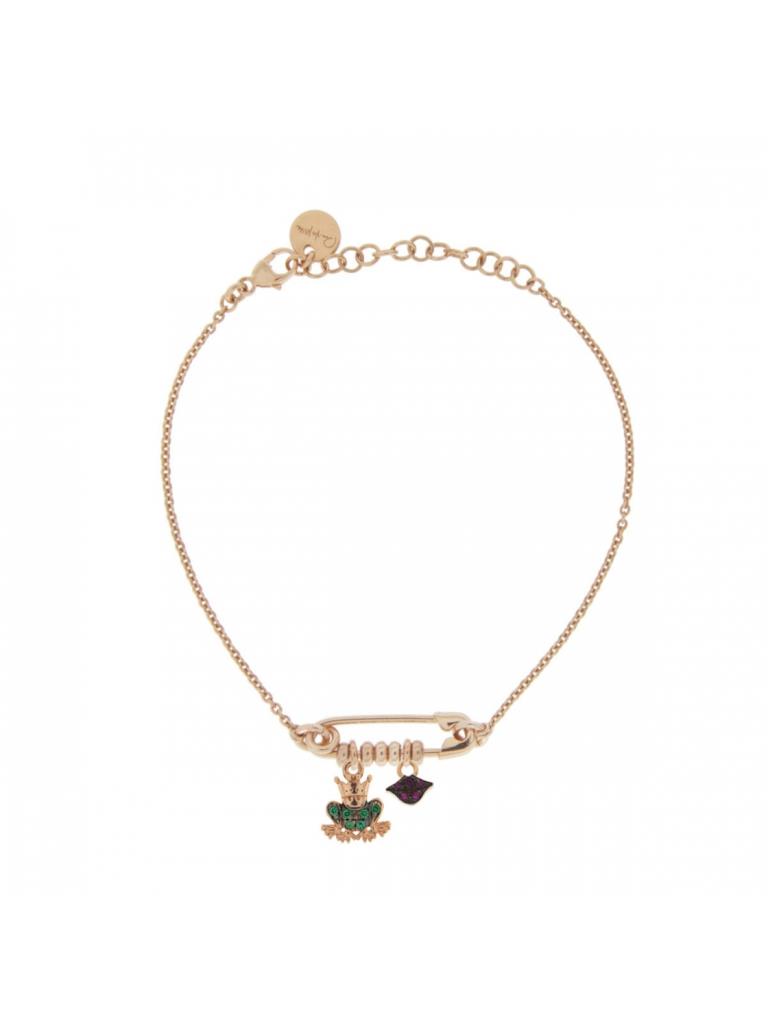 BRACCIALETTO ROSA CON SPILLA E DOPPIO CIONDOLO MICRO ZIRCONI COLORATI RANA BOCCA - RUE DES MILLE