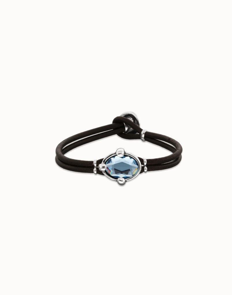 Bracciale in pelle e argento con cristallo ovale sfaccettato blu - UNO DE 50