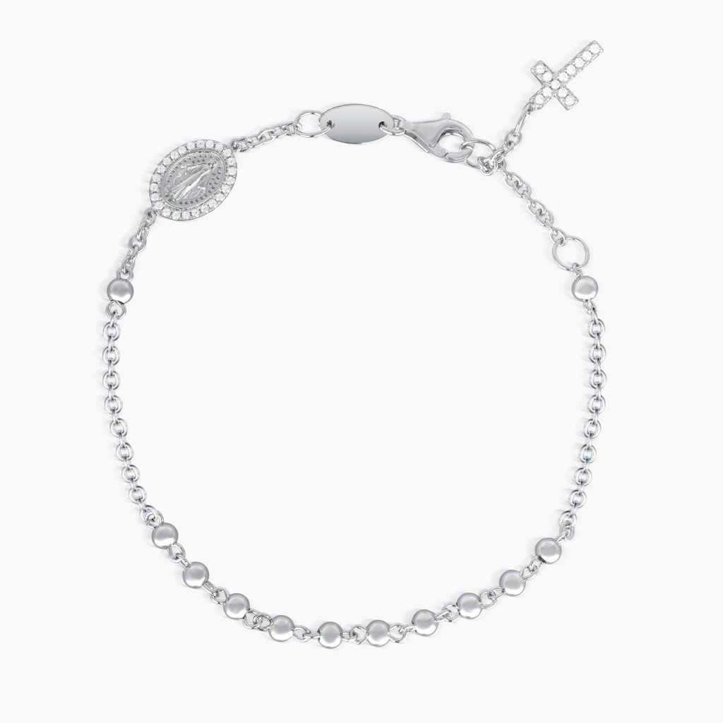 Bracciale rosario in argento con ciondolo a croce in zirconi ROSARIO - MABINA