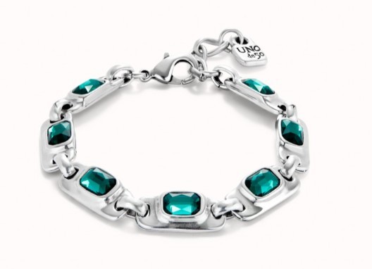 Bracciale "Magnetic Being" con maglie e cristalli verdi, placcato argento - UNO DE 50