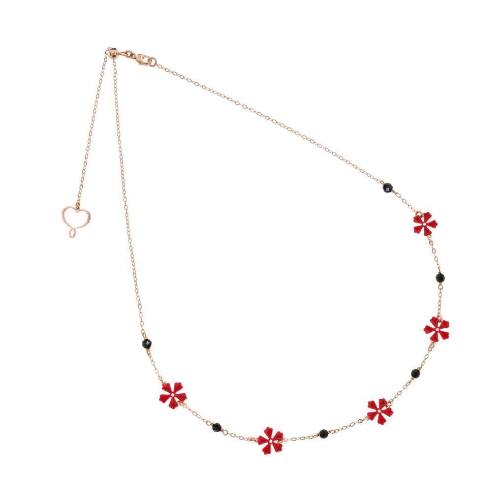 Collana Girocollo di catena con cinque fiori in smalto rosso  - MAMAN ET SOPHIE