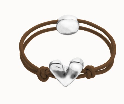 Bracciale in filo elastico marrone con cuore placcato argento sterling - UNO DE 50