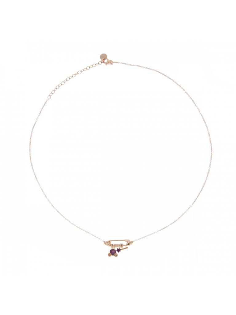 GIROCOLLO ROSA CON SPILLA E DOPPIO CIONDOLO MICRO ZIRCONI COLORATI CARROZZA BACCHETTA - RUE DES MILLE