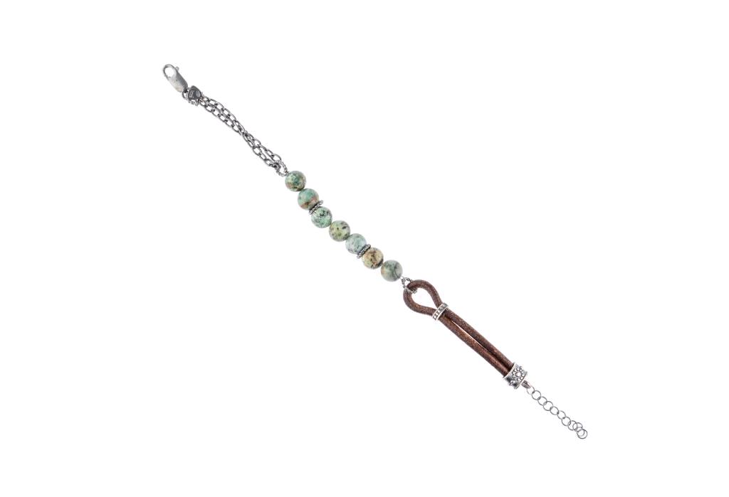 Bracciale in argento 925 con inserto in cuoio e pietre naturali - AMANTIDE