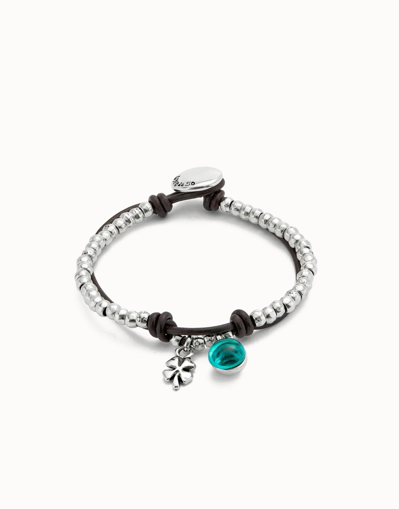 Bracciale a sfere placcate argento Sterling con cuoio e cristallo di Murano verde - UNO DE 50