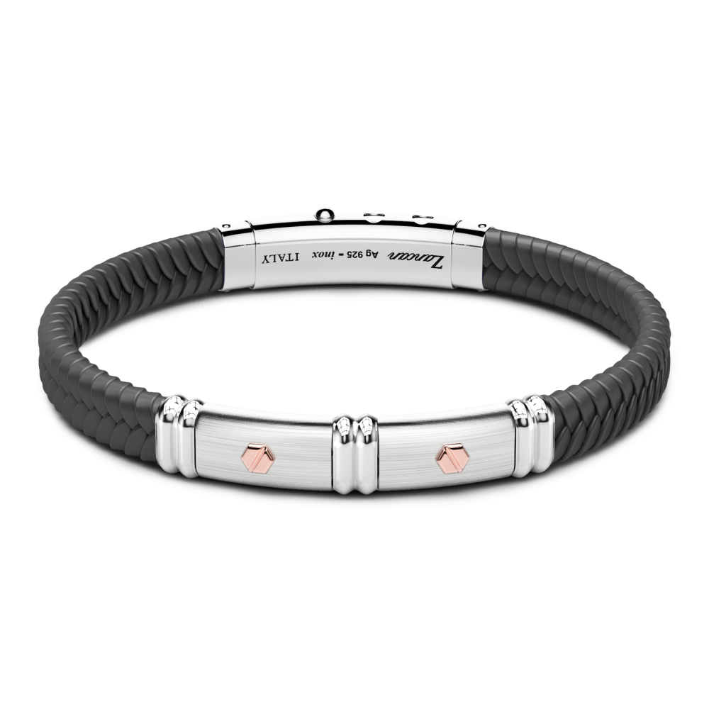 Bracciale Zancan in silicone nero con targa in argento e dettagli in oro rosa. - ZANCAN