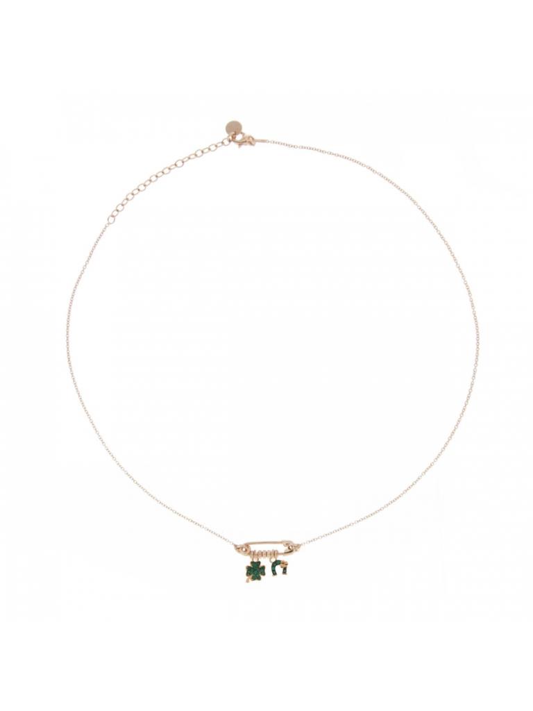 GIROCOLLO ROSA CON SPILLA E DOPPIO CIONDOLO MICRO ZIRCONI COLORATI QUADRIFOGLIO FERRO CAVALLO - RUE DES MILLE