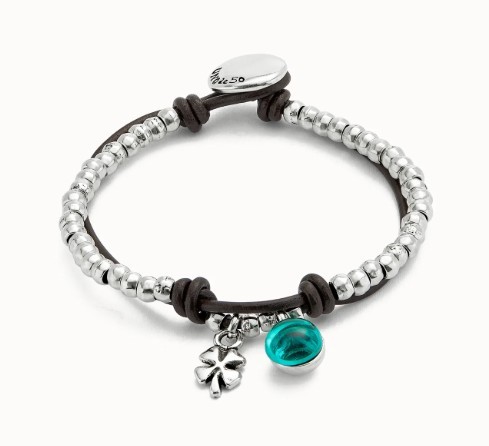 Bracciale a sfere placcate argento Sterling con cuoio e cristallo di Murano verde - UNO DE 50