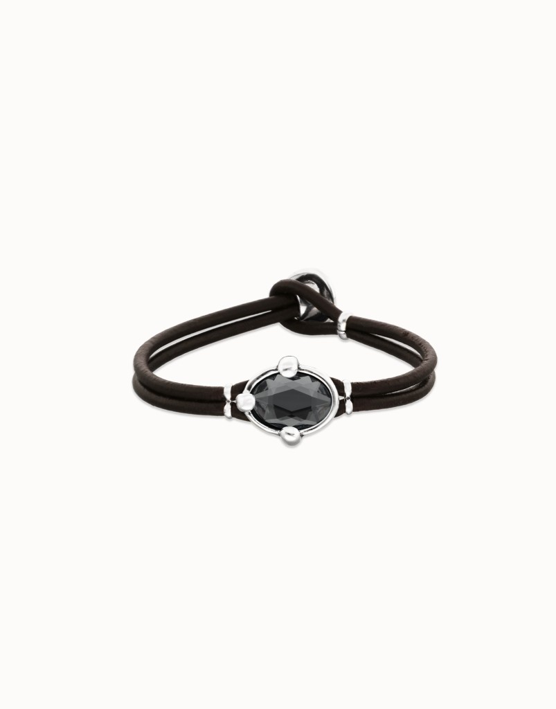 Bracciale in pelle e argento placcato con cristallo ovale sfaccettato nero - UNO DE 50