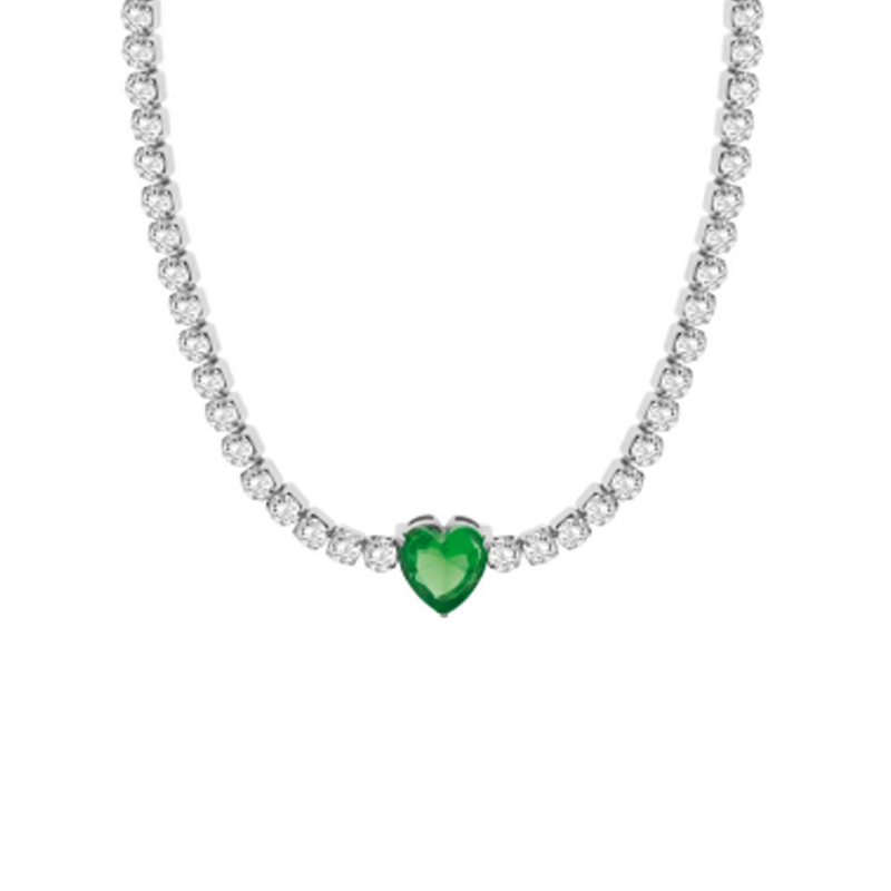 Collana Donna Liujo LJ2447 in Acciaio Silver con Cristalli Bianchi Cuore Centrale Verde - LIU.JO