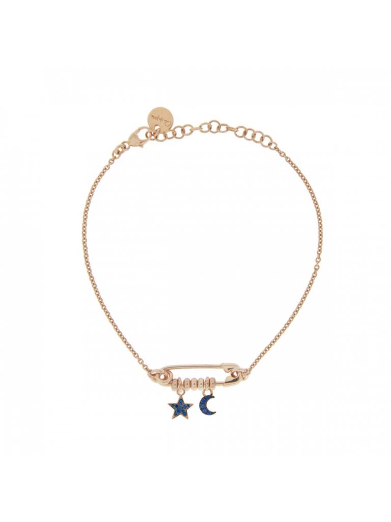 BRACCIALETTO ROSA CON SPILLA E DOPPIO CIONDOLO MICRO ZIRCONI COLORATI STELLA LUNA - RUE DES MILLE