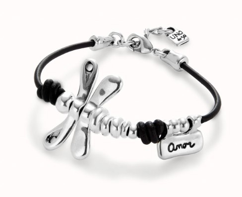 Bracciale di cuoio con libellula placcato argento sterling - UNO DE 50