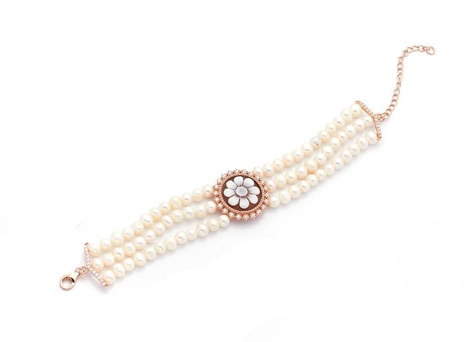 Bracciale Cameo Italiano con Perle e Fiore centrale - CAMEO ITALIANO