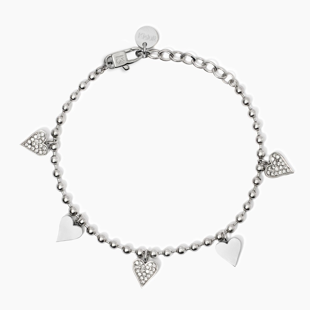Bracciale con cuori in acciaio argentato e cristalli Style 18 - KIDULT