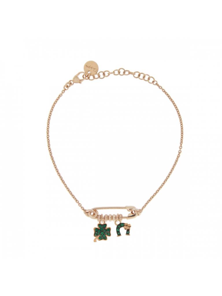 BRACCIALETTO ROSA CON SPILLA E DOPPIO CIONDOLO MICRO ZIRCONI COLORATI QUADRIFOGLIO FERRO CAVALLO - RUE DES MILLE