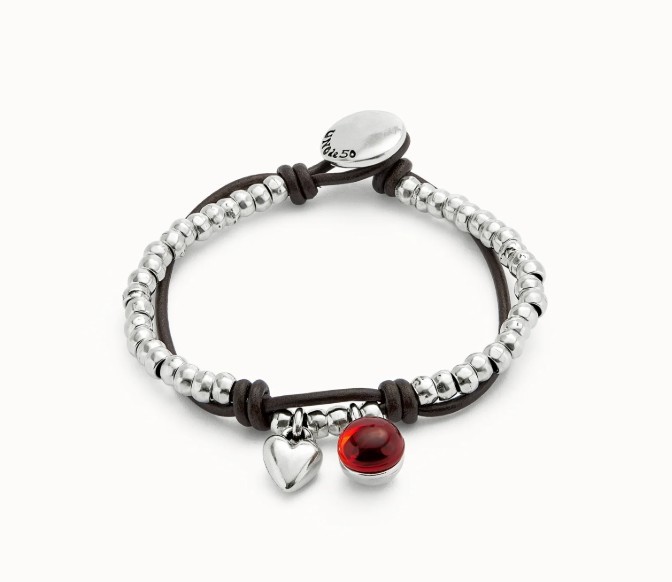 Bracciale a sfere placcate argento Sterling con cuore e cristallo di Murano rosso - UNO DE 50